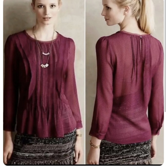 Anthropologie HD in Paris Thistleberry Purple Front Ruffle Long Sleeve Top - Picture 2 of 3